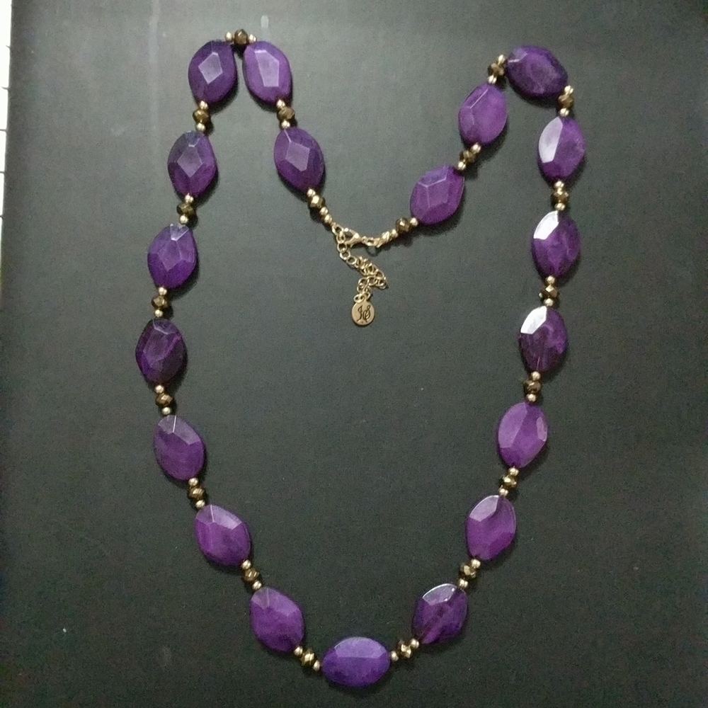 JD Gold Tone Purple Faceted Bead Long Statement Necklace